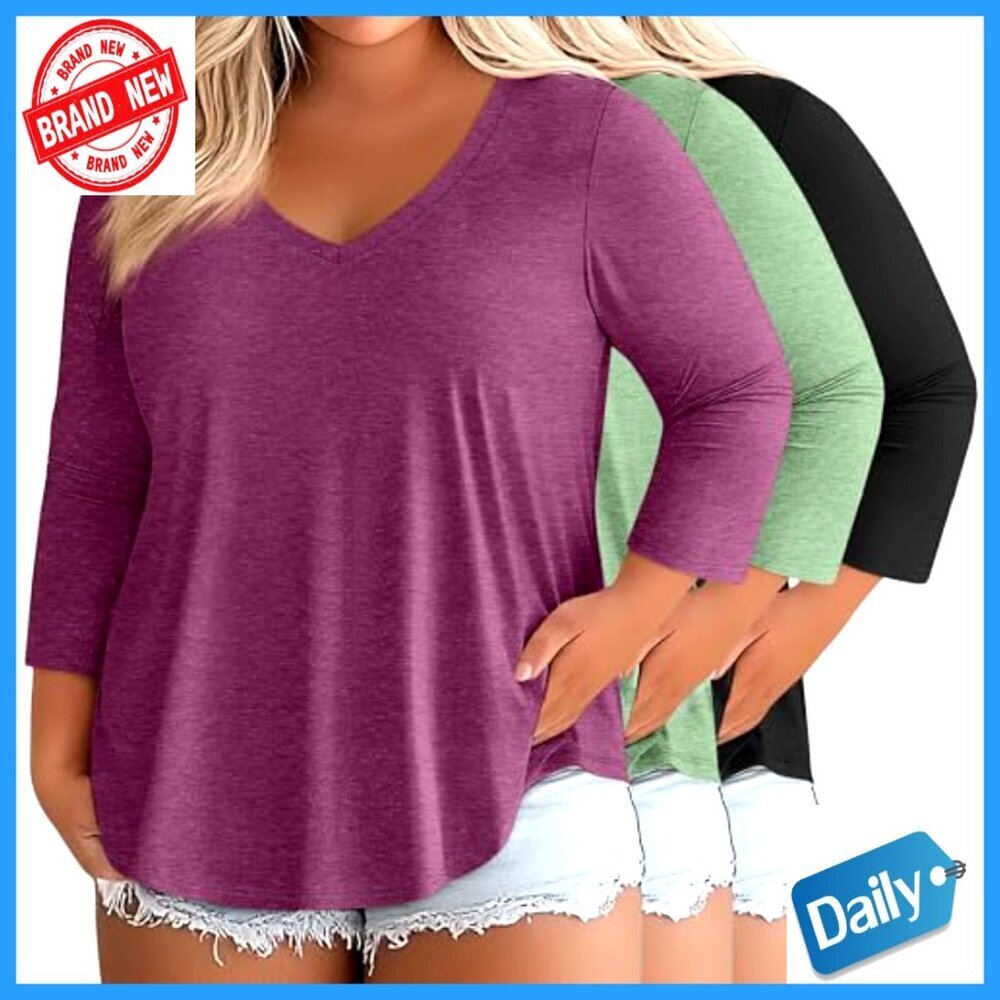 Plus Size 3/4 Sleeve V-Neck Cotton Tops 3-Pack Loose Fit Tees - Picture 2 of 7